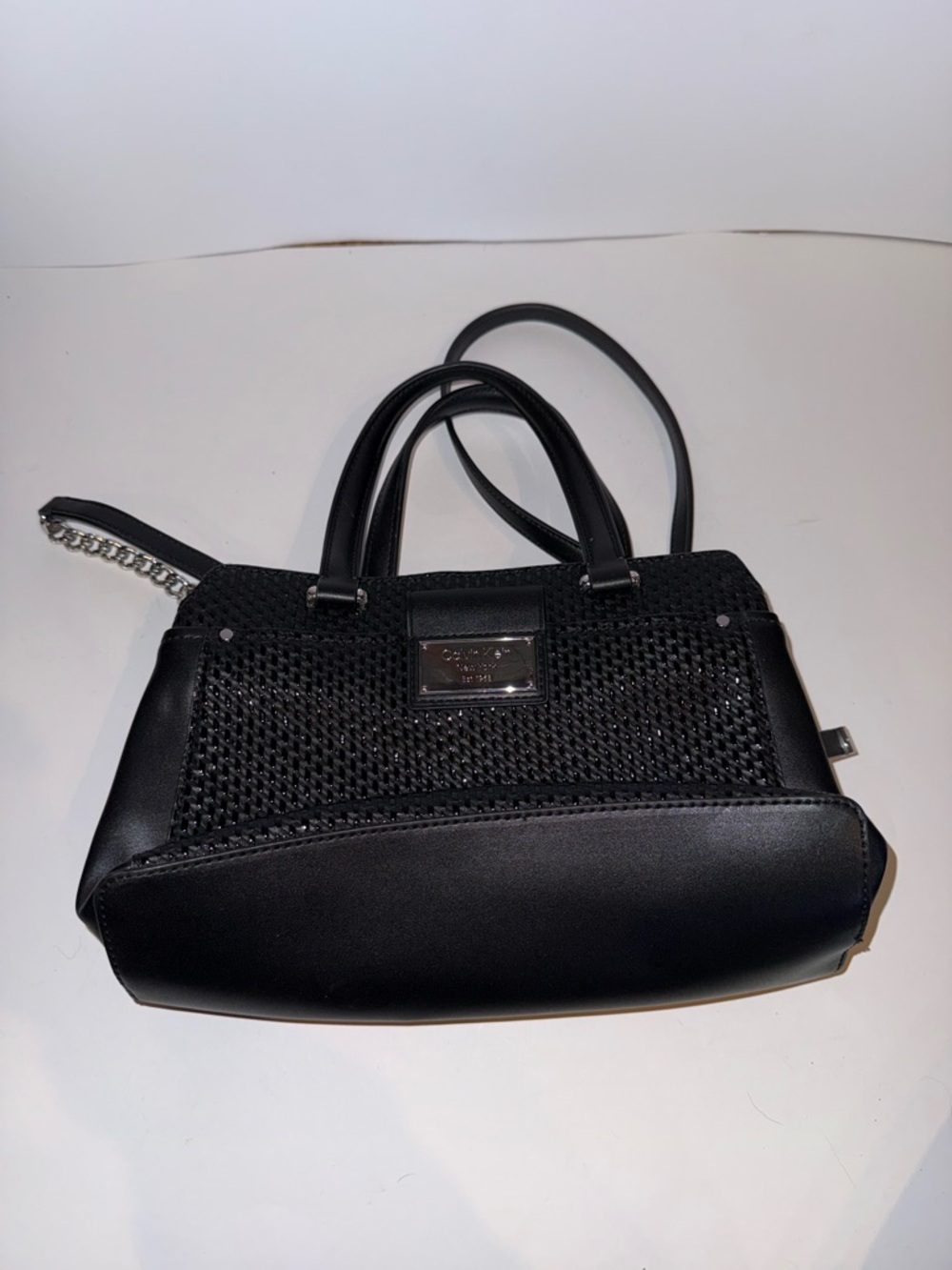 Calvin Klein Black Woven Satchel with Chain Strap